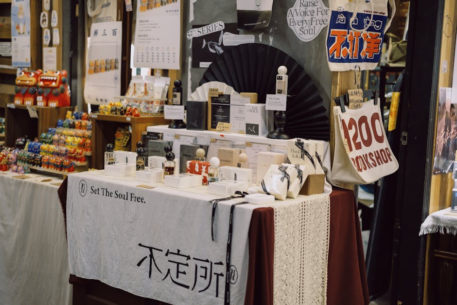 Explore a vibrant market stall with Asian cultural items and souvenirs, capturing urban charm.