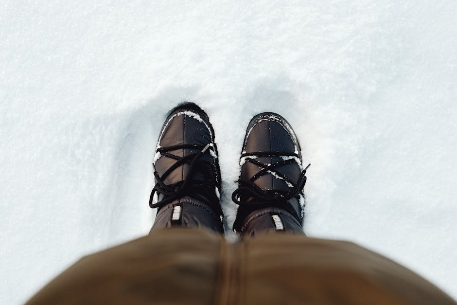 Close-up of winter boots in freshly fallen snow, perfect for cold season themes.