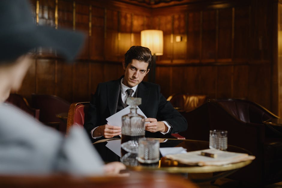A serious man in a suit sitting at a table with papers, evoking a corporate or mobster vibe in an elegant, dimly lit room.